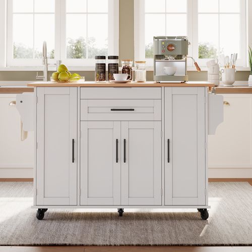Îlot De Cuisine Mobile Avec Plan Extensible-desserte-5 Roues Et Rangement-chariot-blanc Et Bois