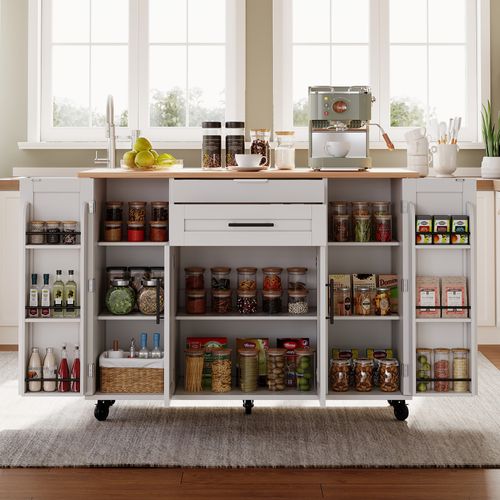 Îlot De Cuisine Mobile Avec Plan Extensible-desserte-5 Roues Et Rangement-chariot-blanc Et Bois