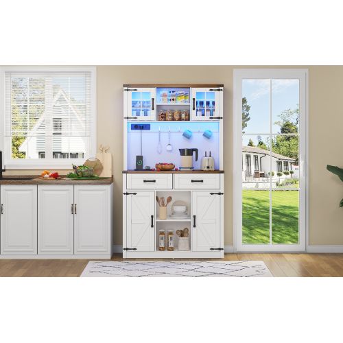 Buffet De Cuisine Multifonctionnel-éclairage LED Et Prises-étagères Réglables-blanc