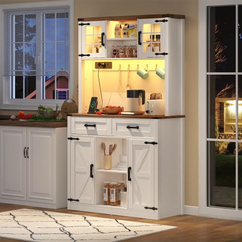 Buffet De Cuisine Multifonctionnel-éclairage LED Et Prises-étagères Réglables-blanc