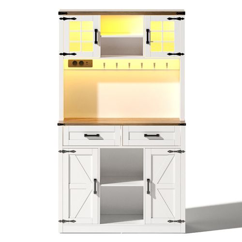 Buffet De Cuisine Multifonctionnel-éclairage LED Et Prises-étagères Réglables-blanc