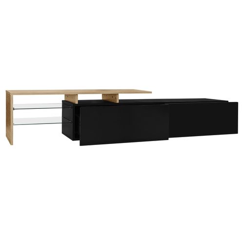Meuble TV 170cm -espace De Rangement-aspect Bois-étagères En Verre-éclairage LED-noir Brillant