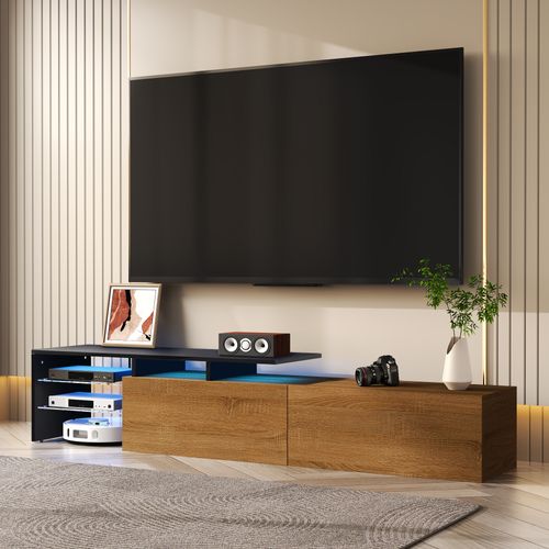 Meuble TV 170cm -espace De Rangement-aspect Bois-étagères En Verre-éclairage LED-bois