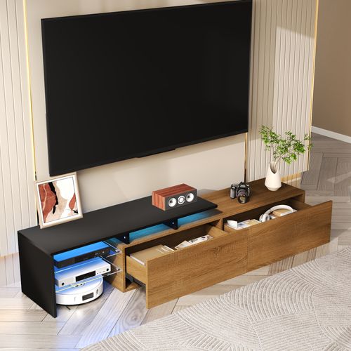 Meuble TV 170cm -espace De Rangement-aspect Bois-étagères En Verre-éclairage LED-bois