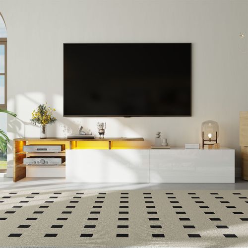 Meuble TV 170cm -espace De Rangement-aspect Bois-étagères En Verre-éclairage LED-blanc Brillant