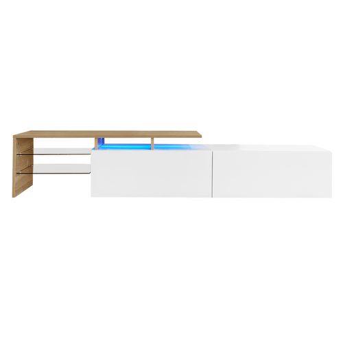 Meuble TV 170cm -espace De Rangement-aspect Bois-étagères En Verre-éclairage LED-blanc Brillant