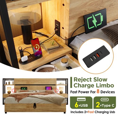 Lit Double 180×200cm-en Bois-système Hydraulique-tête De Lit Coffre-ports USB Et Type-c-chêne