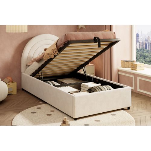 Lit Enfant Rembourré 90x200 Cm En Velours - Beige