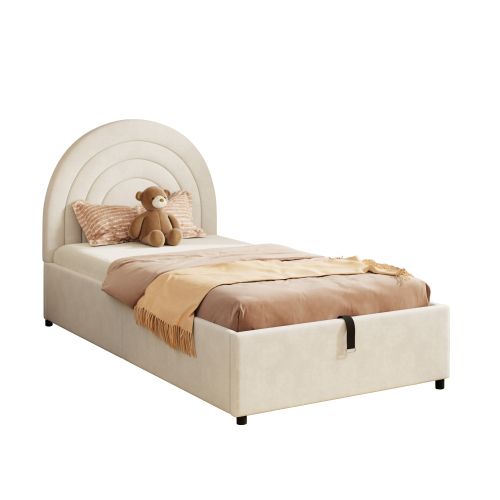 Lit Enfant Rembourré 90x200 Cm En Velours - Beige