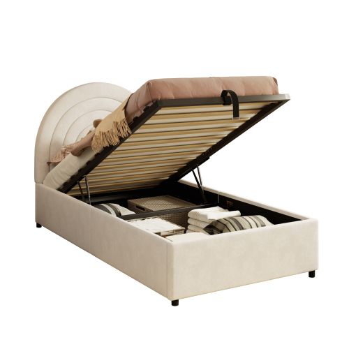 Lit Enfant Rembourré 90x200 Cm En Velours - Beige