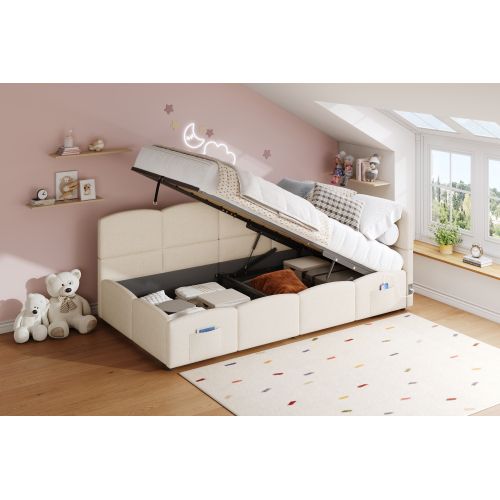 Lit Enfant 90x200 Cm Avec Coffre - En Velours - Beige