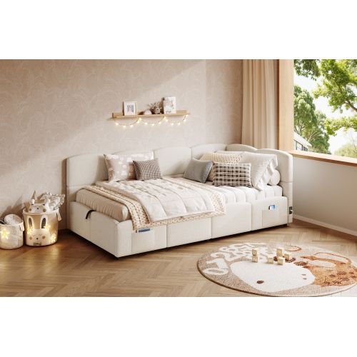 Lit Enfant 90x200 Cm Avec Coffre - En Velours - Beige