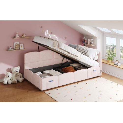 Lit Enfant 90x200 Cm Avec Coffre - En Velours - Rose
