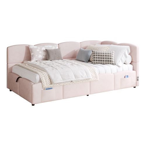 Lit Enfant 90x200 Cm Avec Coffre - En Velours - Rose