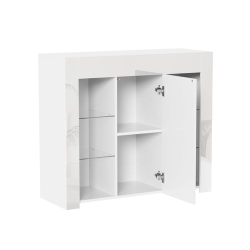 Buffet De Cuisine-buffet Blanc Avec Façade Brillante-avec Étagères En Verre-cuisine, Salon