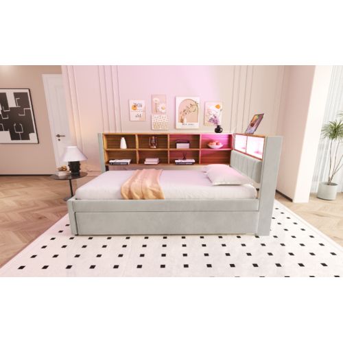 Lit Gigogne 90*200-équipé De Lumières LED-lit Rembourré-canapé Convertible-gris Clair