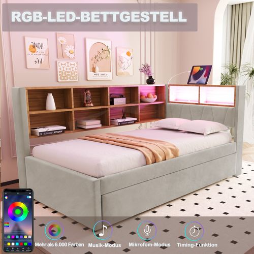 Lit Gigogne 90*200-équipé De Lumières LED-lit Rembourré-canapé Convertible-gris Clair