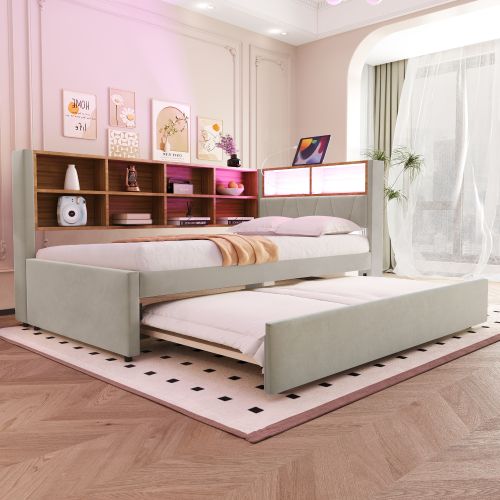 Lit Gigogne 90*200-équipé De Lumières LED-lit Rembourré-canapé Convertible-gris Clair