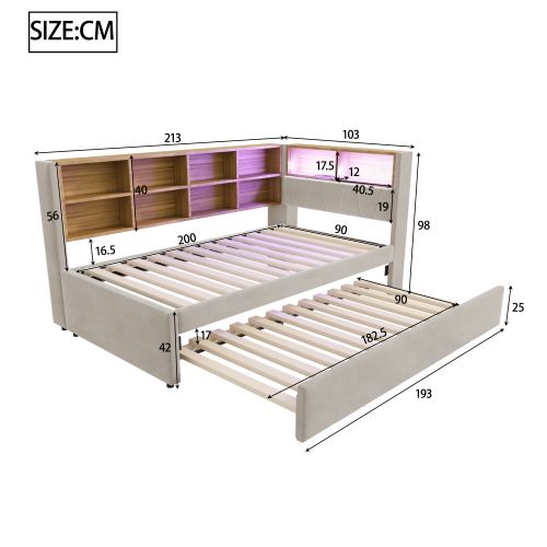 Lit Gigogne 90*200-équipé De Lumières LED-lit Rembourré-canapé Convertible-gris Clair