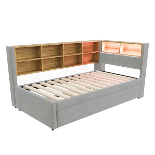 Lit Gigogne 90*200-équipé De Lumières LED-lit Rembourré-canapé Convertible-gris Clair