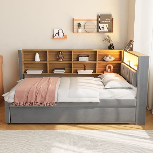 Lit Gigogne 90*200-équipé De Lumières LED-lit Rembourré-Canapé Convertible-Gris Foncé