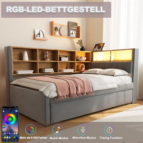 Lit Gigogne 90*200-équipé De Lumières LED-lit Rembourré-Canapé Convertible-Gris Foncé