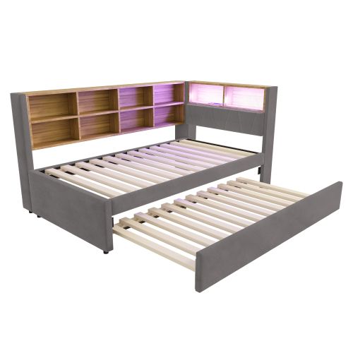 Lit Gigogne 90*200-équipé De Lumières LED-lit Rembourré-Canapé Convertible-Gris Foncé