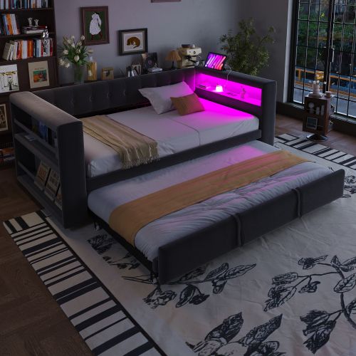 Lit Rembourré 90/180×190 Cm-avec Éclairage LED-prises De Courant-gris Foncé