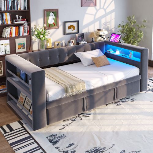 Lit Rembourré 90/180×190 Cm-avec Éclairage LED-prises De Courant-gris Foncé