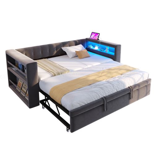 Lit Rembourré 90/180×190 Cm-avec Éclairage LED-prises De Courant-gris Foncé