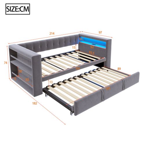 Lit Rembourré 90/180×190 Cm-avec Éclairage LED-prises De Courant-gris Foncé