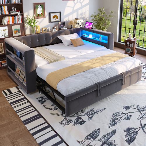 Lit Rembourré 90/180×190 Cm-avec Éclairage LED-prises De Courant-gris Foncé