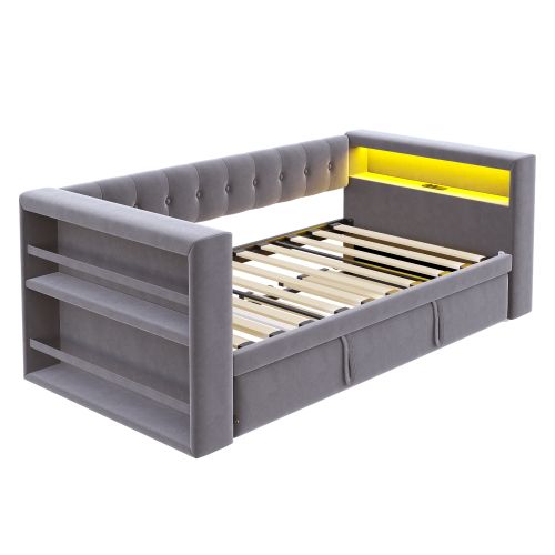 Lit Rembourré 90/180×190 Cm-avec Éclairage LED-prises De Courant-gris Foncé