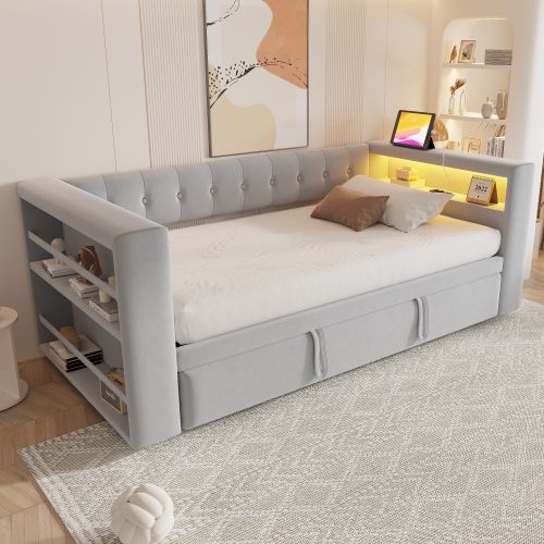 Lit Rembourré 90/180×190 Cm-avec Éclairage LED-prises De Courant-gris Clair