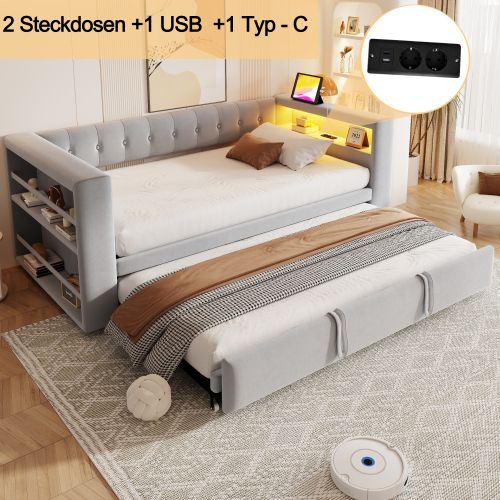 Lit Rembourré 90/180×190 Cm-avec Éclairage LED-prises De Courant-gris Clair