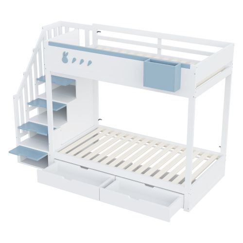 Lit Superposé 90*200cm-échelle De Rangement-lit Enfant Avec Tiroirs-blanc + Bleu