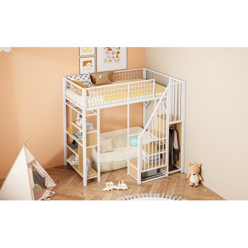Lit Mezzanine 90x200 Cm-lit En Métal Avec Rangements-lit Enfant-blanc