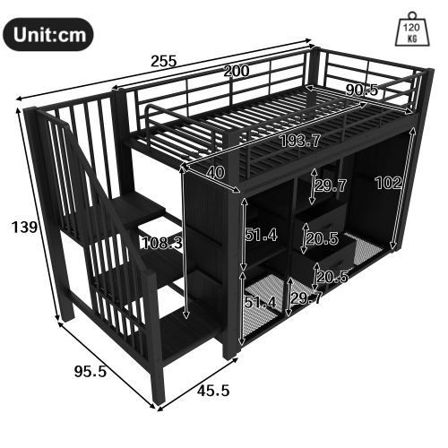 Lit Mezzanine 90x200 Cm-éclairage LED-lit En Métal Avec Rangements-lit Enfant 2 Tiroirs-noir