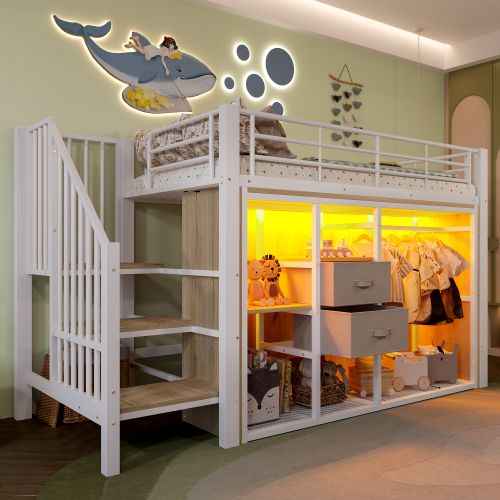 Lit Mezzanine 90x200 Cm-éclairage LED-lit En Métal Avec Rangements-lit Enfant 2 Tiroirs-blanc