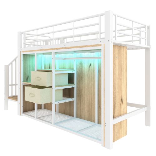 Lit Mezzanine 90x200 Cm-éclairage LED-lit En Métal Avec Rangements-lit Enfant 2 Tiroirs-blanc