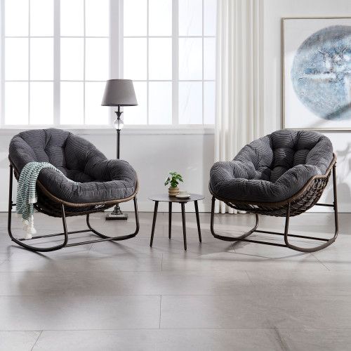 Fauteuil Rocking-chair-en Rotin-siège Rembourré Avec Dossier-entrée, Salon, Terrasse, Jardin-gris