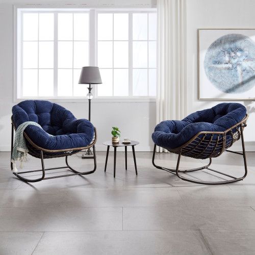 Fauteuil Rocking-chair-en Rotin-siège Rembourré Avec Dossier-entrée, Salon,jardin-bleu Marine