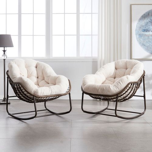 Fauteuil Rocking-chair-en Rotin-siège Rembourré Avec Dossier-entrée, Salon, Terrasse, Jardin-blanc