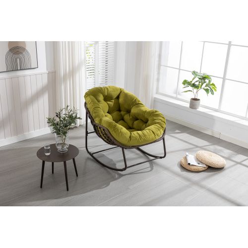 Fauteuil Rocking-chair-en Rotin-siège Rembourré Avec Dossier-entrée, Salon,jardin-vert Olive