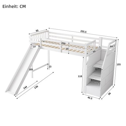 Lit Mezzanine 90x200 Cm - Avec Toboggan Et Echelle De Rangement - Blanc