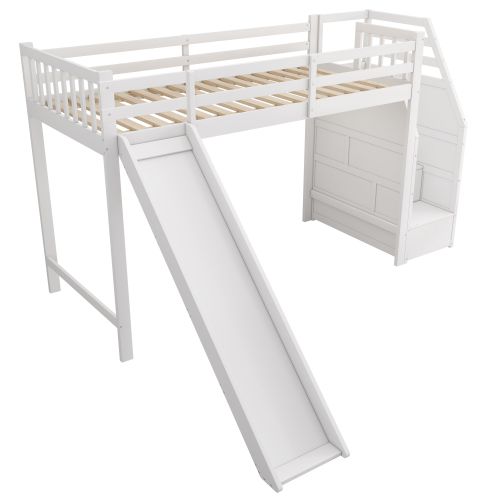 Lit Mezzanine 90x200 Cm - Avec Toboggan Et Echelle De Rangement - Blanc
