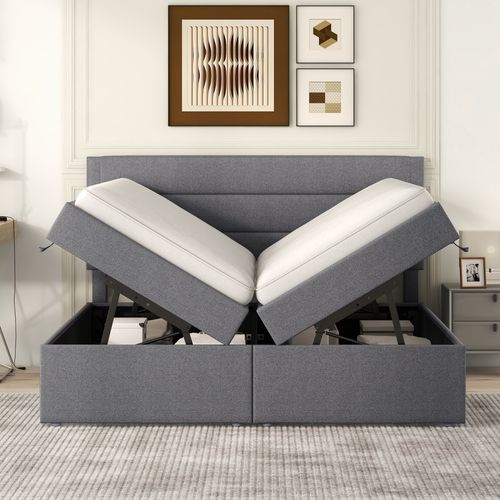 Lit Rembourré 200x140cm-lit Double Avec Sommier à Lattes-grand Espace De Rangement-gris