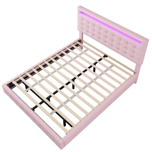 Lit Plat 140x200cm-lit Double-éclairage LED-pu-suspension-tête Ajustable-Rose