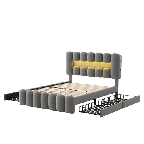 Lit Rembourré 140x200cm-lit Double Avec 4 Tiroirs-éclairage LED Avec USB Et Système Stéréo-gris