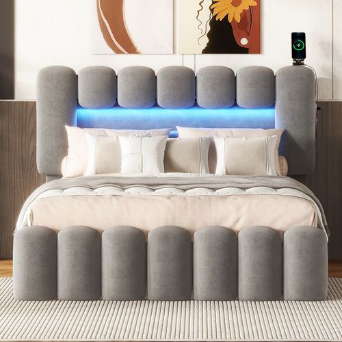 Lit Rembourré 140x200cm-lit Double Avec 4 Tiroirs-éclairage LED Avec USB Et Système Stéréo-gris